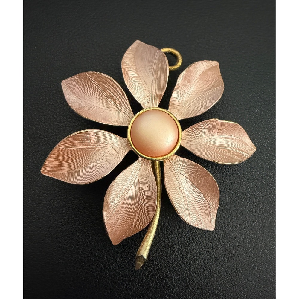 Vintage Flower Brooch Peach Petals Floral Gold Tone Large Pin